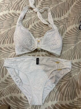 Ralph Lauren White Lace Bralette Bikini with Gold Accents - Large